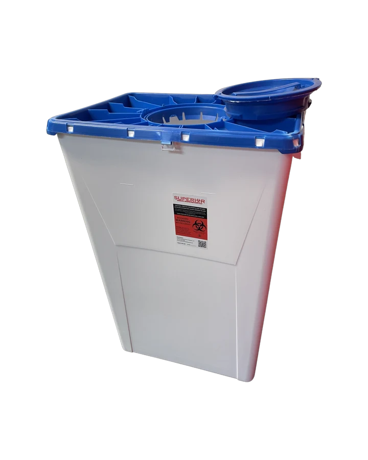 18-gallon white pharmaceutical waste container with blue port lid