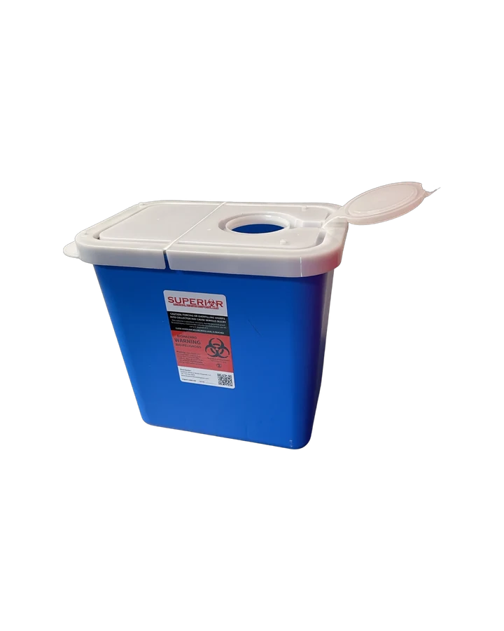 2-gallon blue Superior pharmaceutical waste container with hinged top