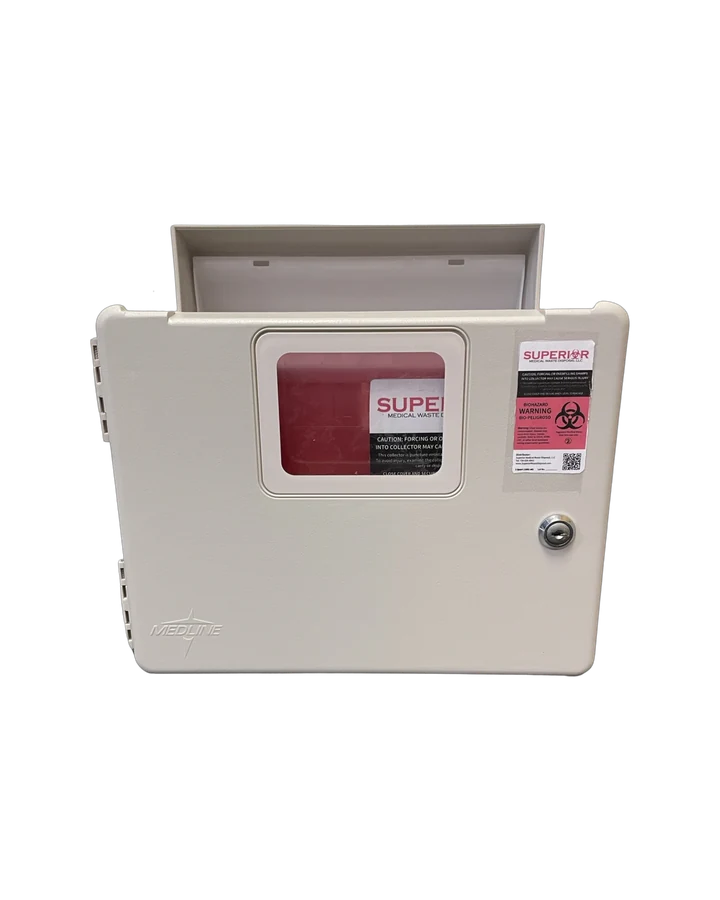 Locking wall-mount enclosure housing a 5-quart sharps container