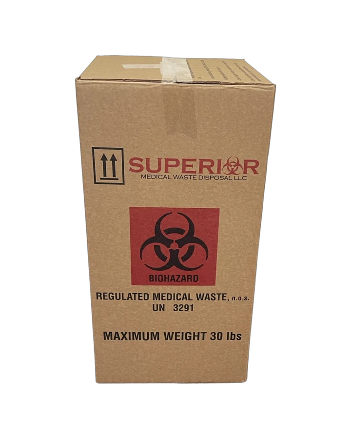 Small corrugated UN3291 biohazard waste box with red liner