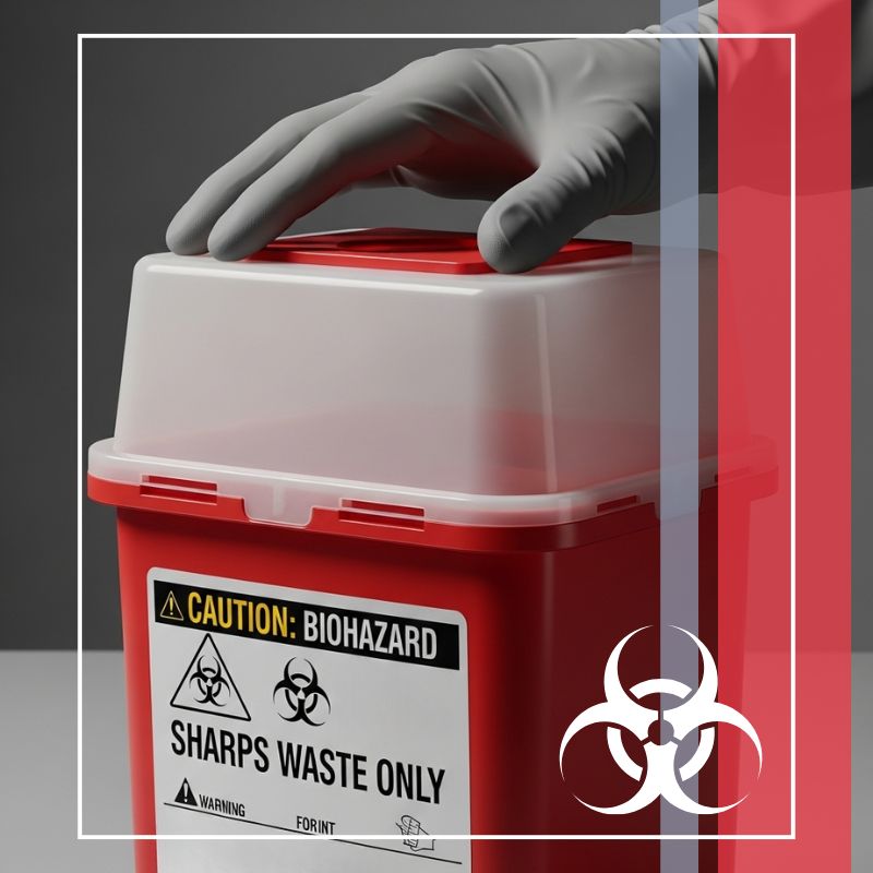 Grand rapids sharps img2 gloved hand securely closing the lid on a red, puncture-resistant sharps container