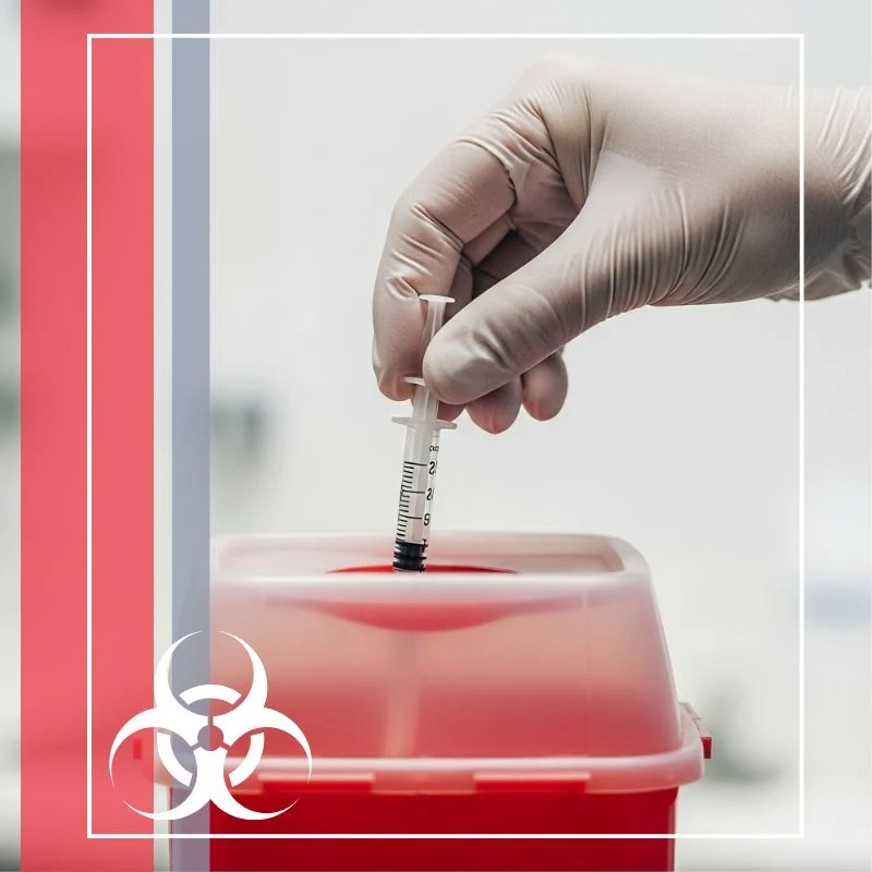 a gloved hand safely dropping a syringe into a red sharps disposal container