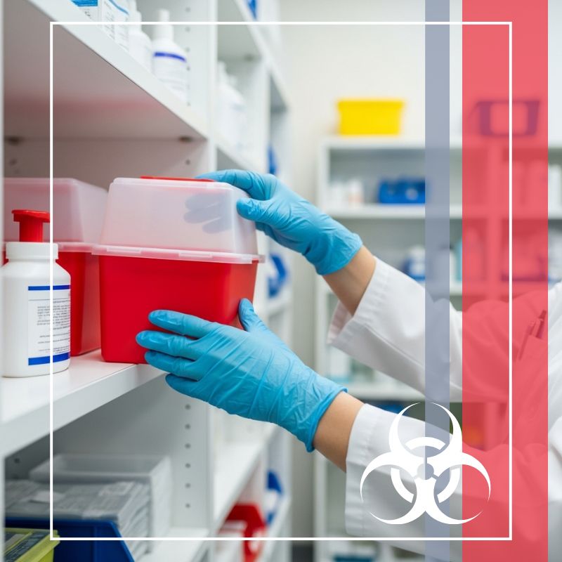 A healthcare professional's gloved hands place a new, empty, red sharps container on a shelf in a clean, organized medical supply room