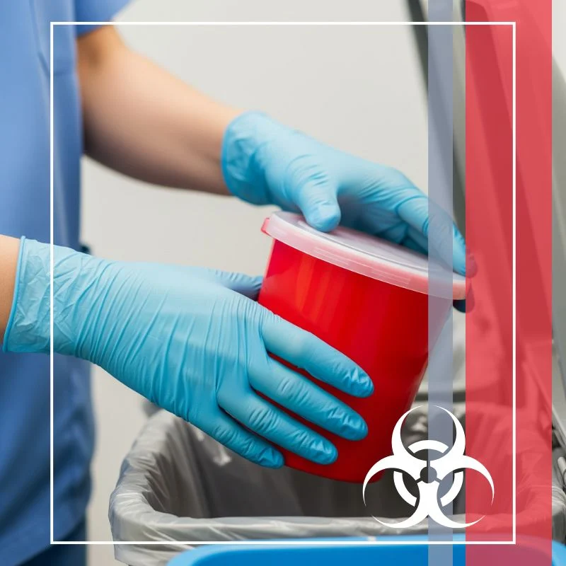 Gloved hands in blue, placing a red medical container into a waste bin.