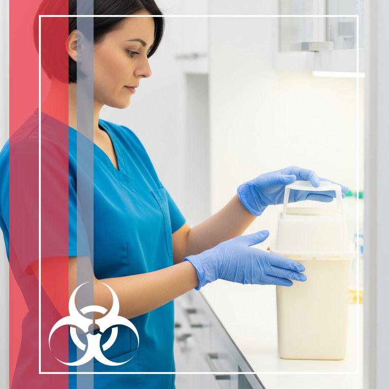A female healthcare professional in blue scrubs and gloves, handling a white medical waste container.