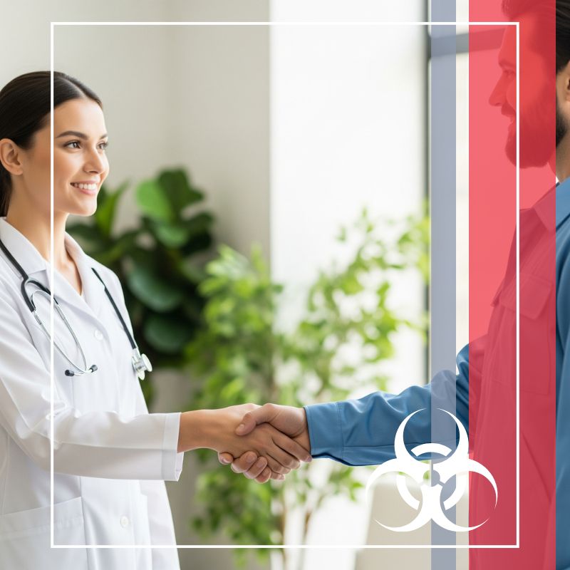 A female healthcare professional in a white lab coat shaking hands with a man in a blue uniform.