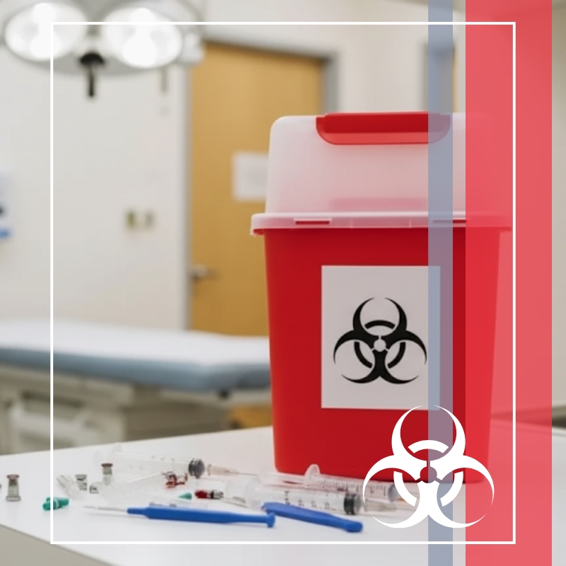 Needles and other sharps next to a red waste bin