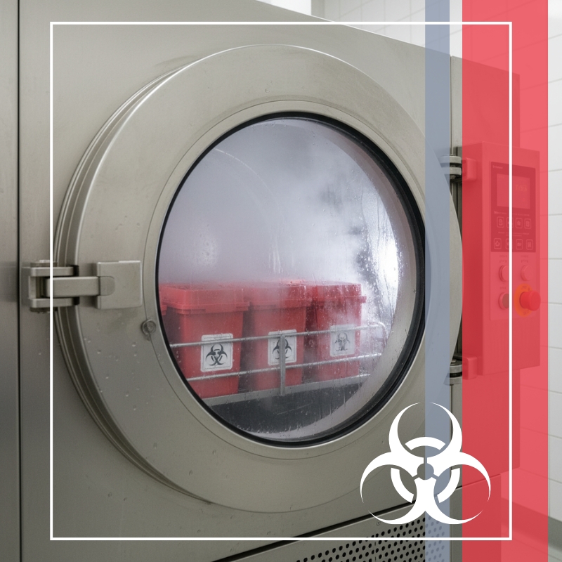 Red waste bin containers in an autoclave machine