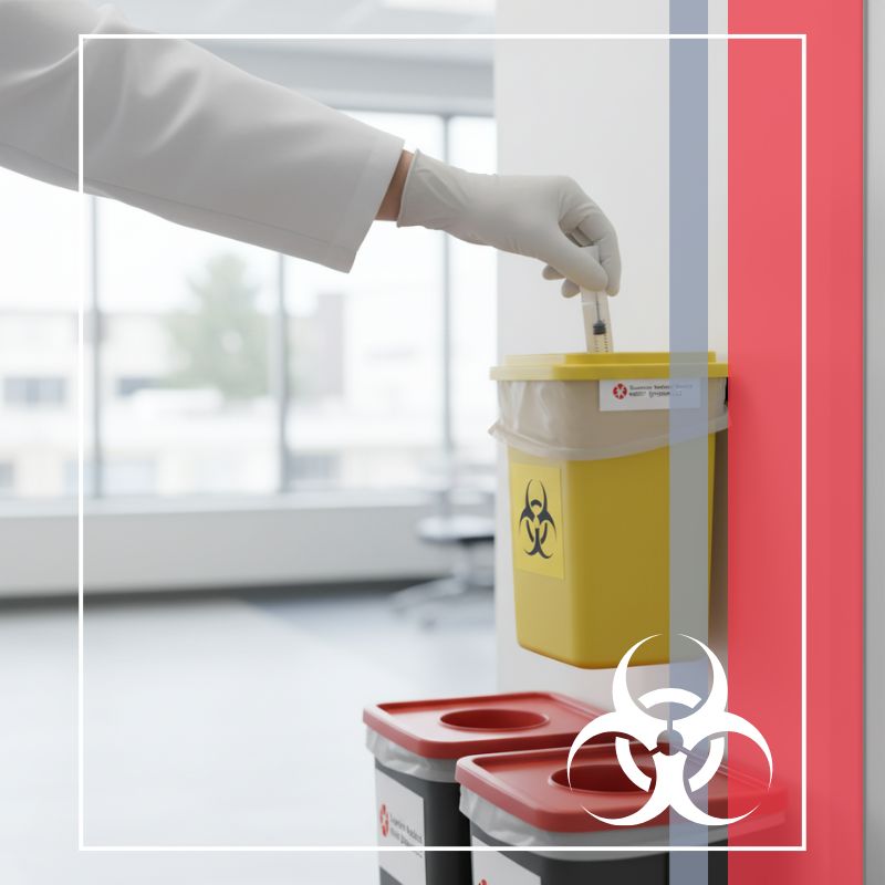 A gloved hand is carefully placing a medical item into a yellow wall-mounted sharps disposal container, marked with a biohazard symbol