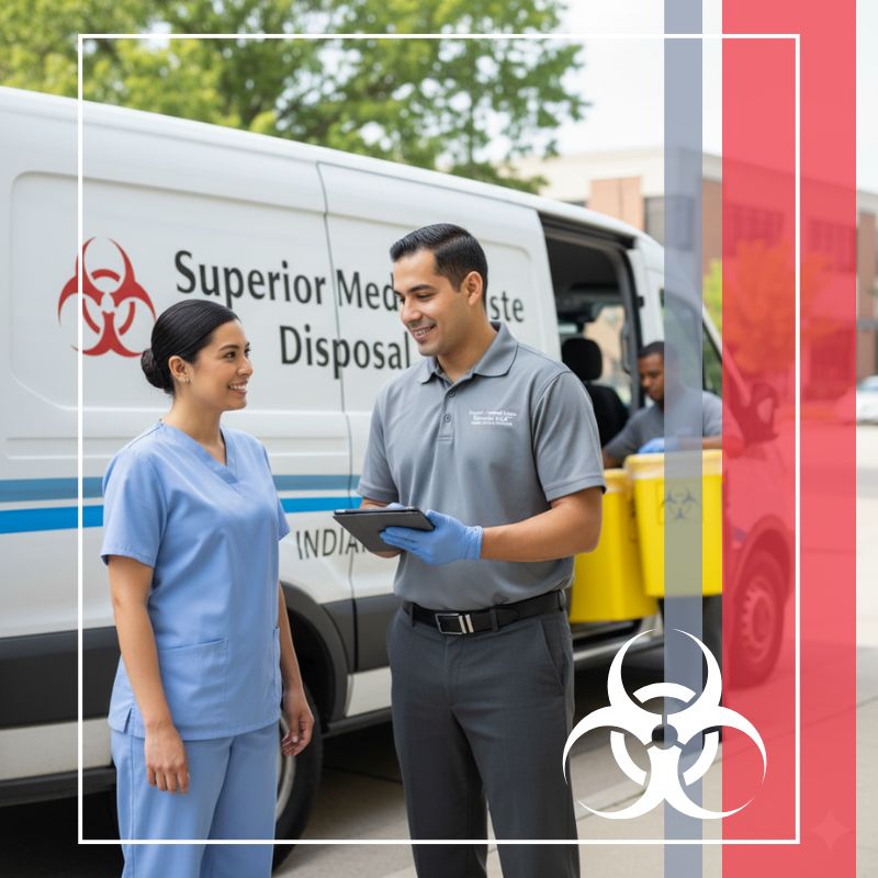 A smiling medical professional in light blue scrubs is conversing with a Superior Medical Waste Disposal LLC employee in a grey polo and gloves